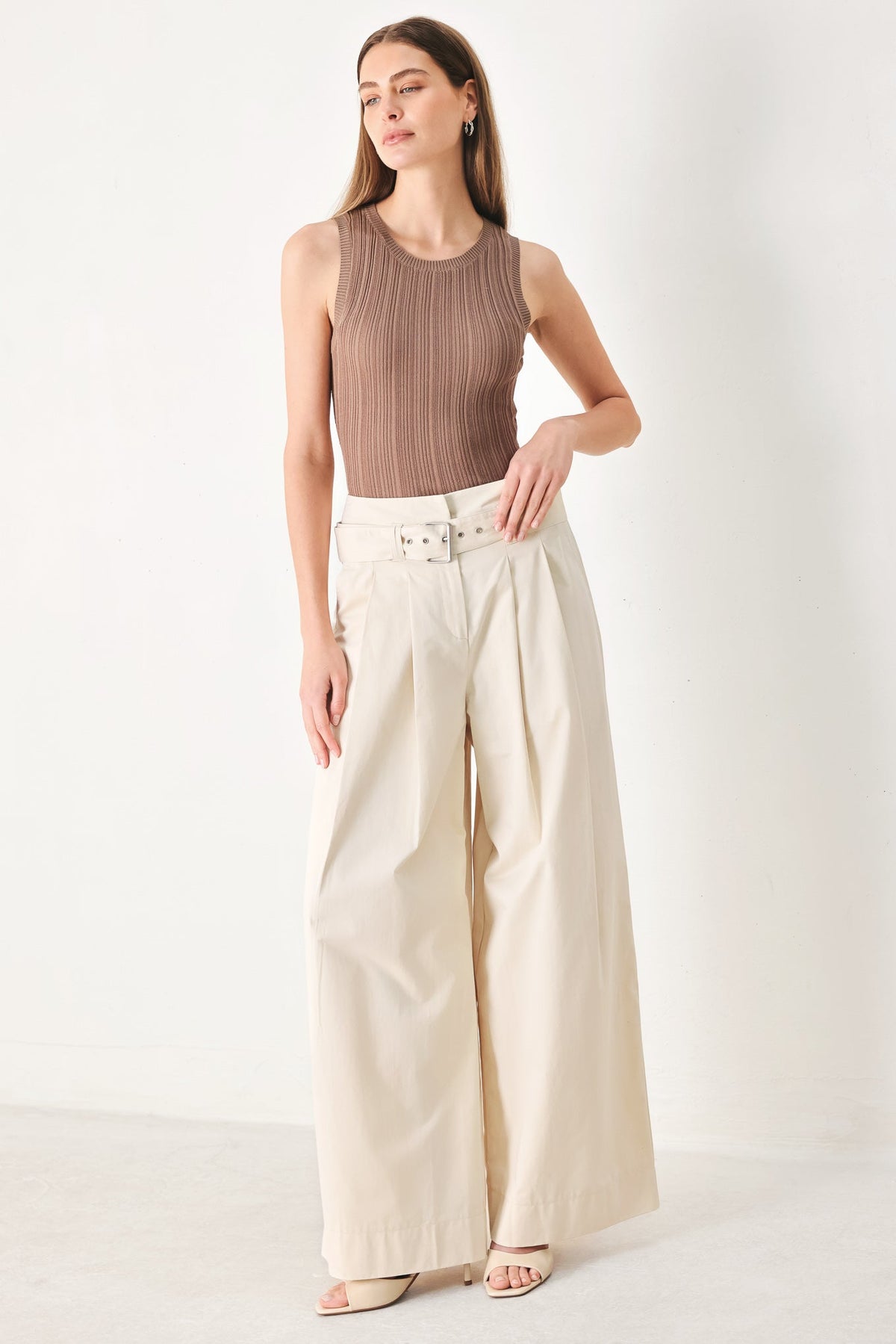 Flying Tomato Vela Wide Woven Pants in ecru with a relaxed fit and wide-leg design, displayed on a neutral background.