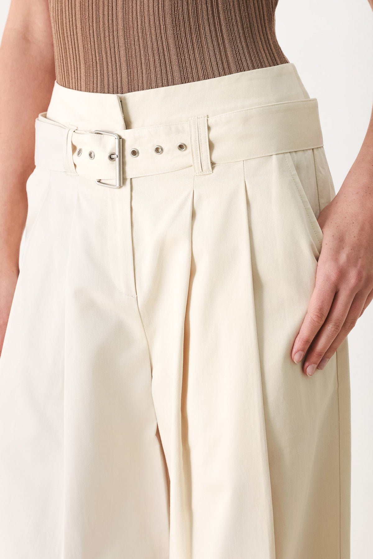 Flying Tomato VELA Wide Woven Pants in ecru, featuring a relaxed fit and woven fabric, shown on a hanger.