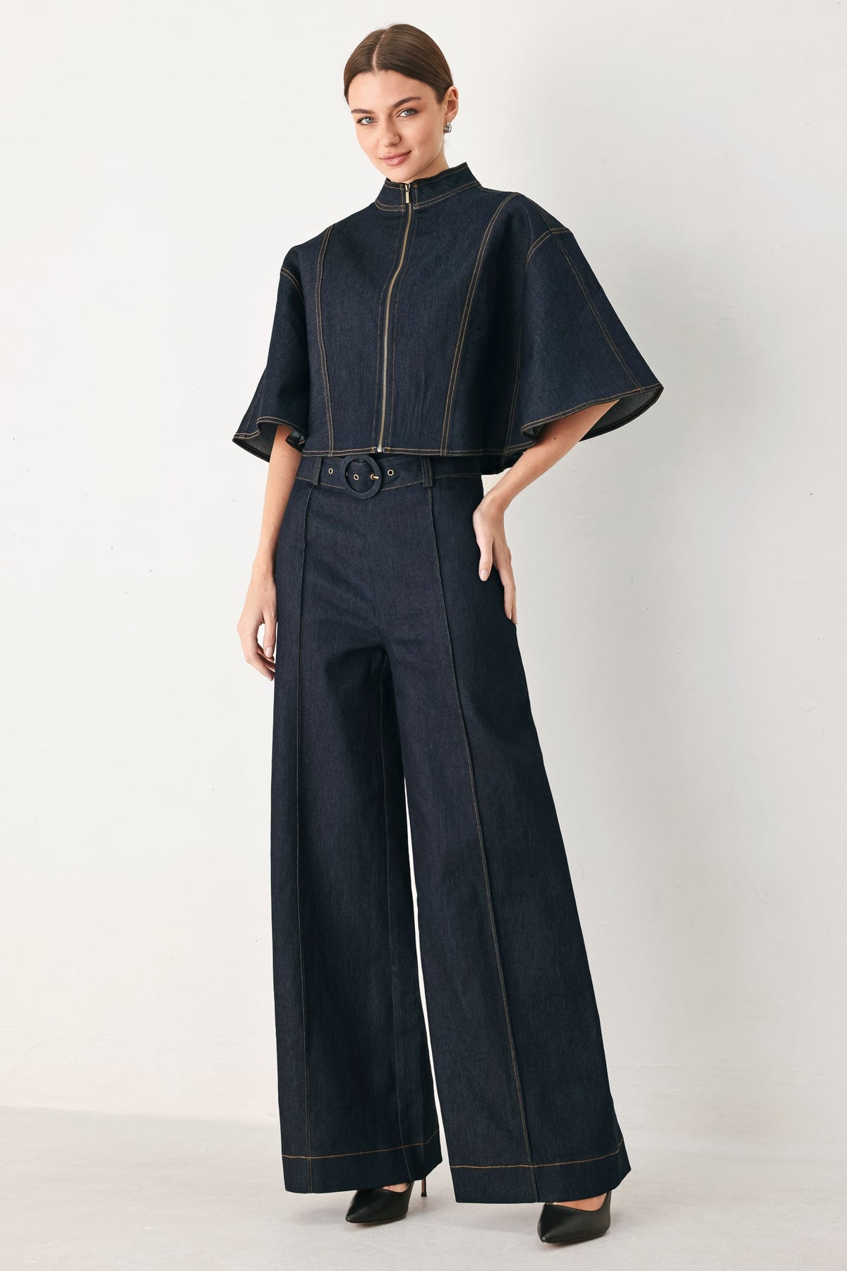 Dark denim Urban Stitch denim pants by Flying Tomato, featuring classic stitching and a relaxed fit.