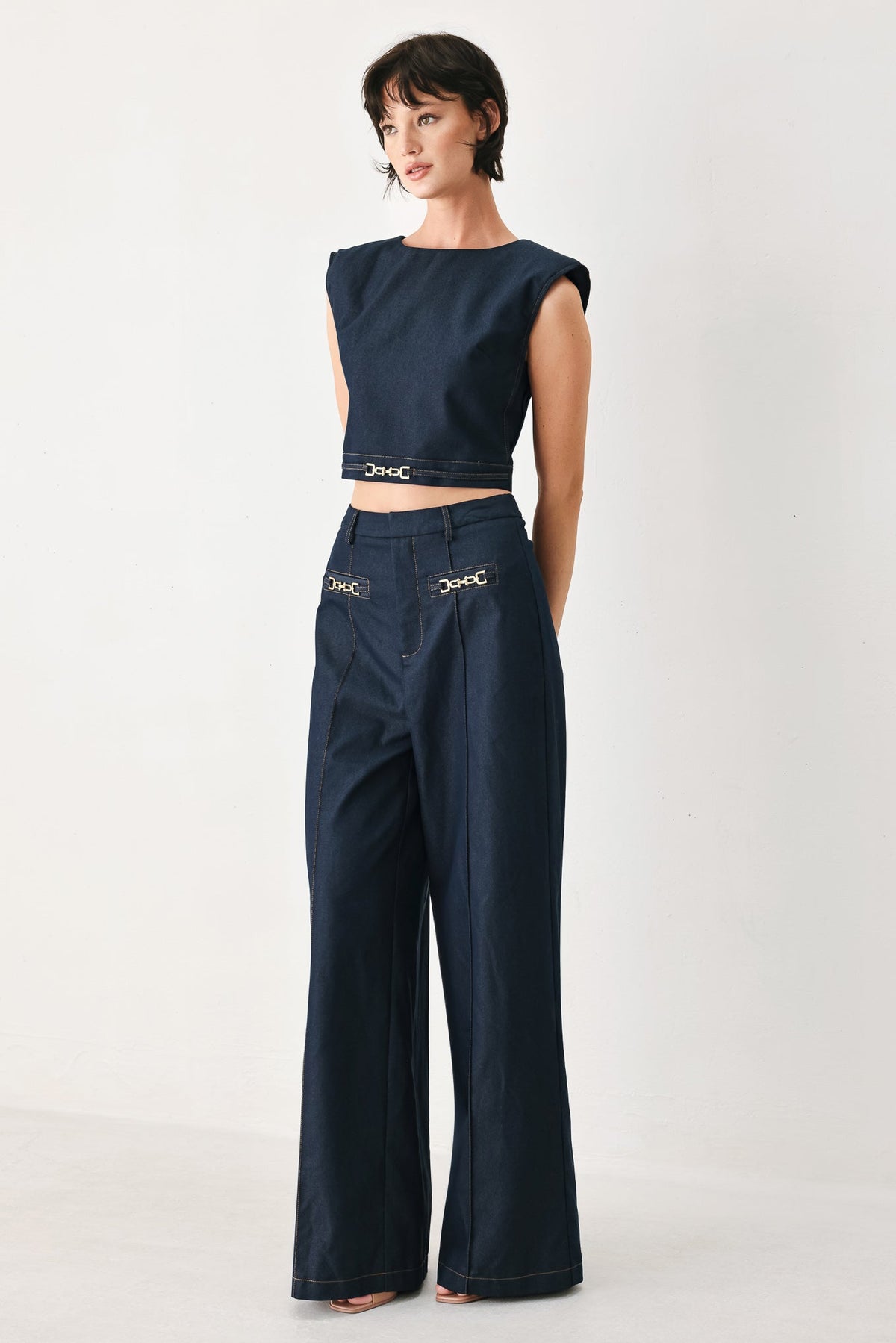 Flying Tomato Yacht Club woven wide leg pants in indigo, featuring a relaxed fit and wide-leg design for casual style.