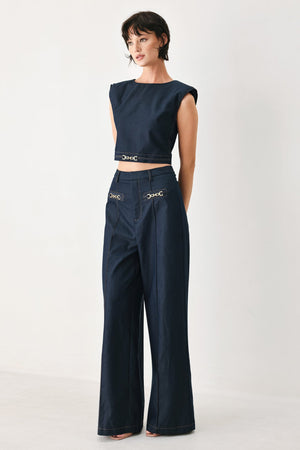 Flying Tomato Yacht Club woven wide leg pants in indigo, featuring a relaxed fit and wide-leg design for casual style.