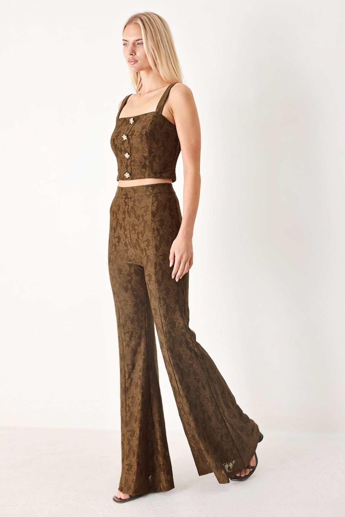 Flying Tomato Moonlight Boho woven pants in brown, featuring a relaxed fit with intricate woven patterns and bohemian style.