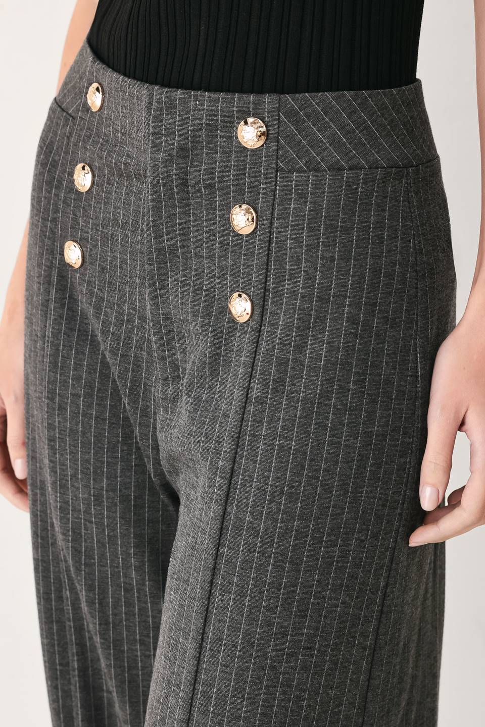 Charcoal and white pinstripe woven pants by Flying Tomato, modern design with tailored fit and stylish detail.