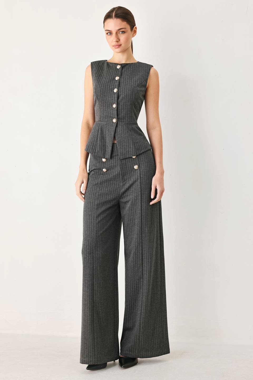 Charcoal and white pinstripe woven pants by Flying Tomato, modern style, with tailored fit and classic design.