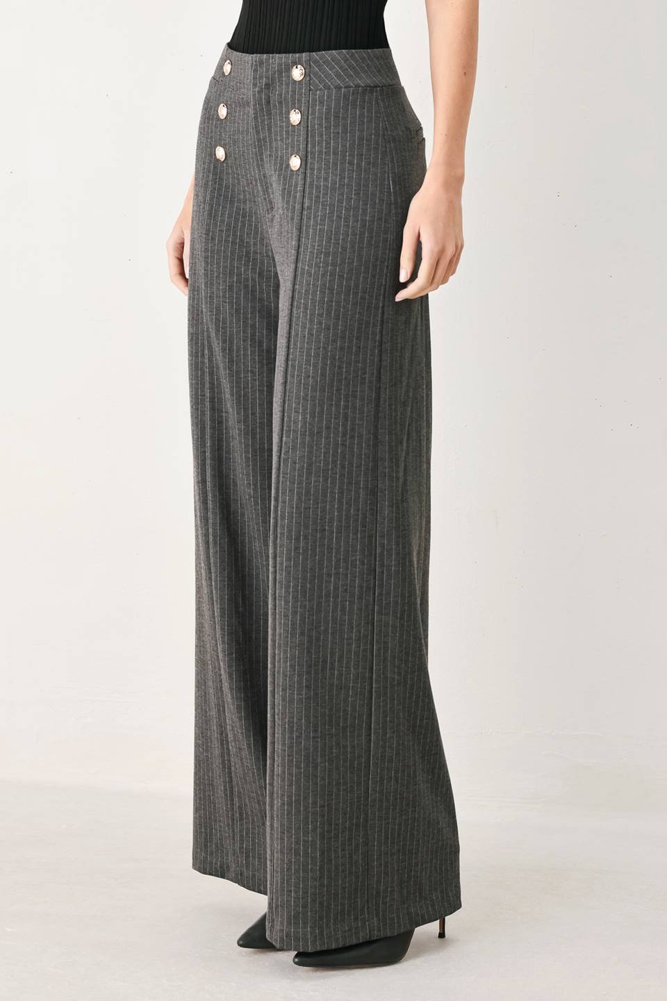 Flying Tomato modern pinstripe woven pants in charcoal and white, featuring a tailored fit and classic pinstripe pattern.