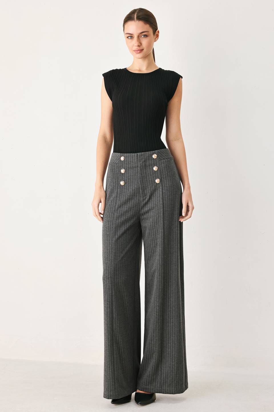 Flying Tomato modern pinstripe woven pants in charcoal and white, featuring a tailored fit and classic pinstripe pattern.