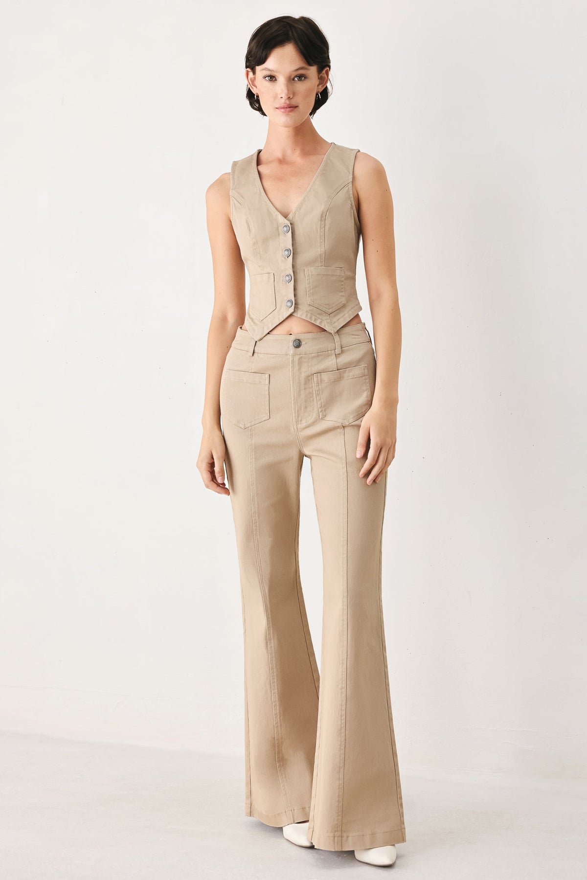 Flying Tomato Portofino woven pants in taupe, showcasing relaxed fit and textured fabric with a comfortable waistband.