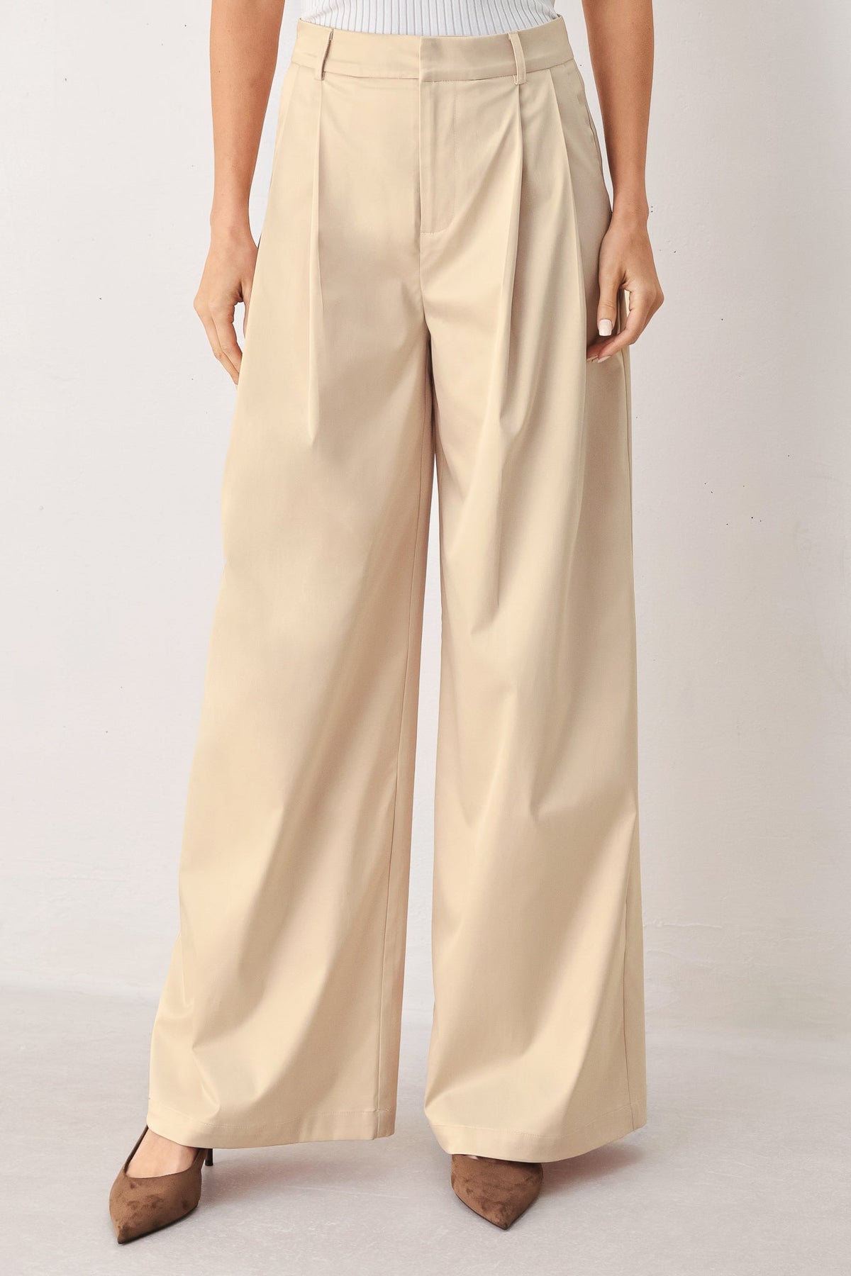 Relaxed-fit woven pants by Flying Tomato, in champagne color, featuring a soft, lightweight fabric and casual style.