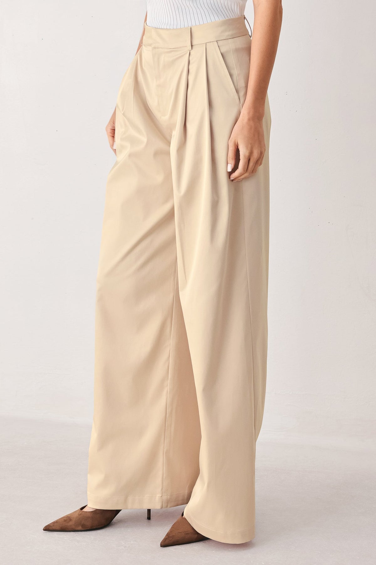 Relaxed-fit woven pants by Flying Tomato in champagne color, featuring a comfortable, casual style and soft fabric.