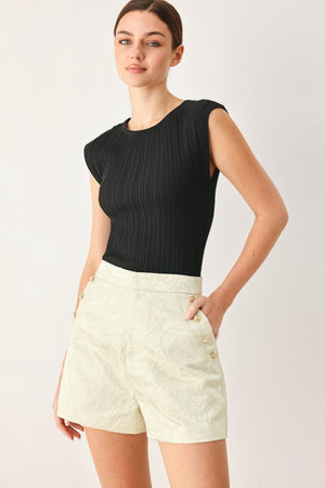Cream gold marzipan floral woven jacquard shorts by Flying Tomato, featuring intricate floral patterns and a stylish woven design.