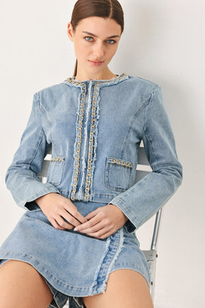 Flying Tomato SKYWARD linked denim crop skort in light denim, featuring a stylish design with a front slit and functional pockets.