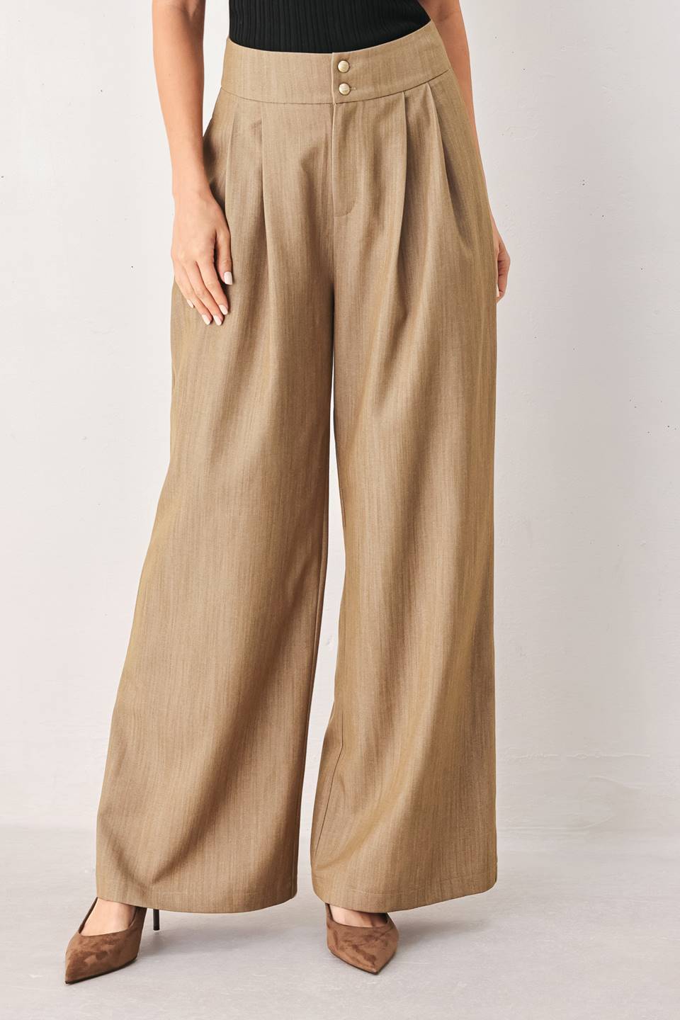 Flying Tomato stonewash relaxed woven pants in tan, displaying a comfortable, casual fit with textured fabric.