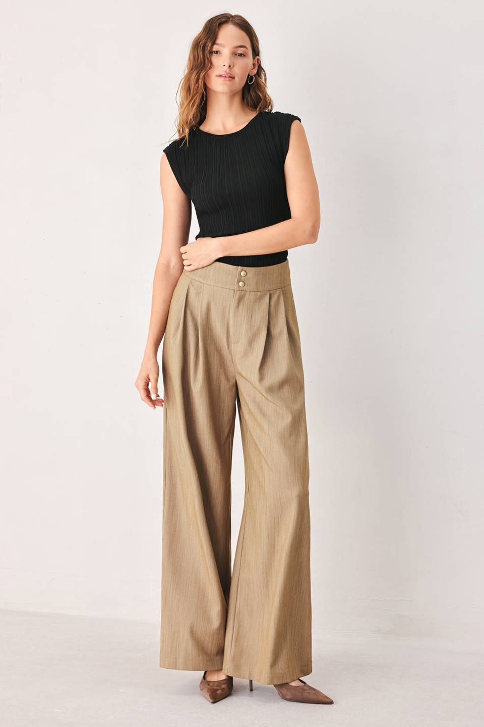 Relaxed fit stonewash woven pants by Flying Tomato, tan color, with a comfortable, casual design perfect for everyday wear.