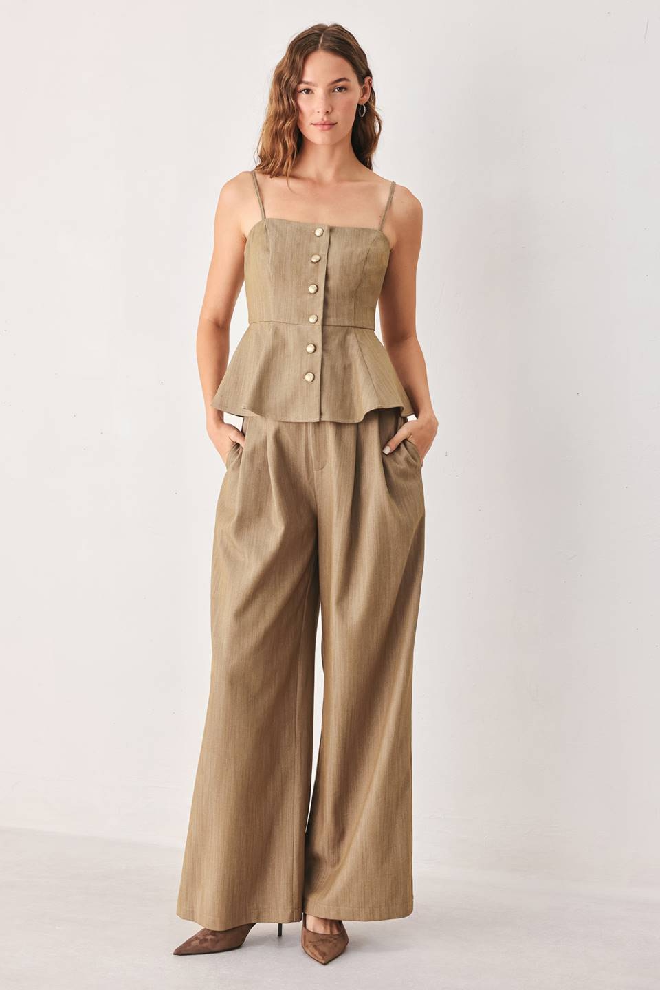 Flying Tomato Stonewash Relaxed Woven Pants in tan fabric, showcasing a casual, comfortable fit and woven texture.
