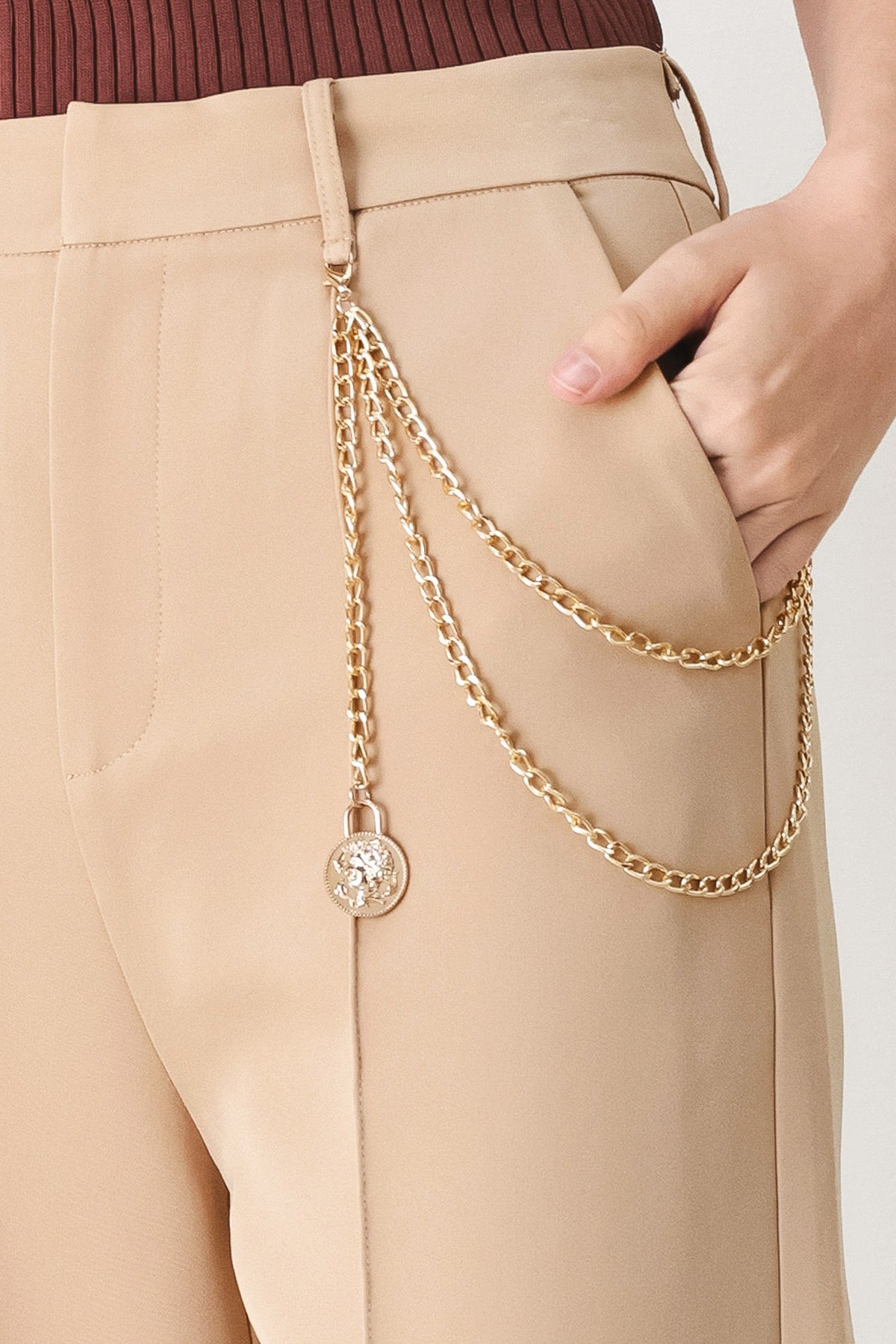 Flying Tomato Crystal Bay woven pants in camel color, featuring a relaxed fit and textured fabric for casual style.