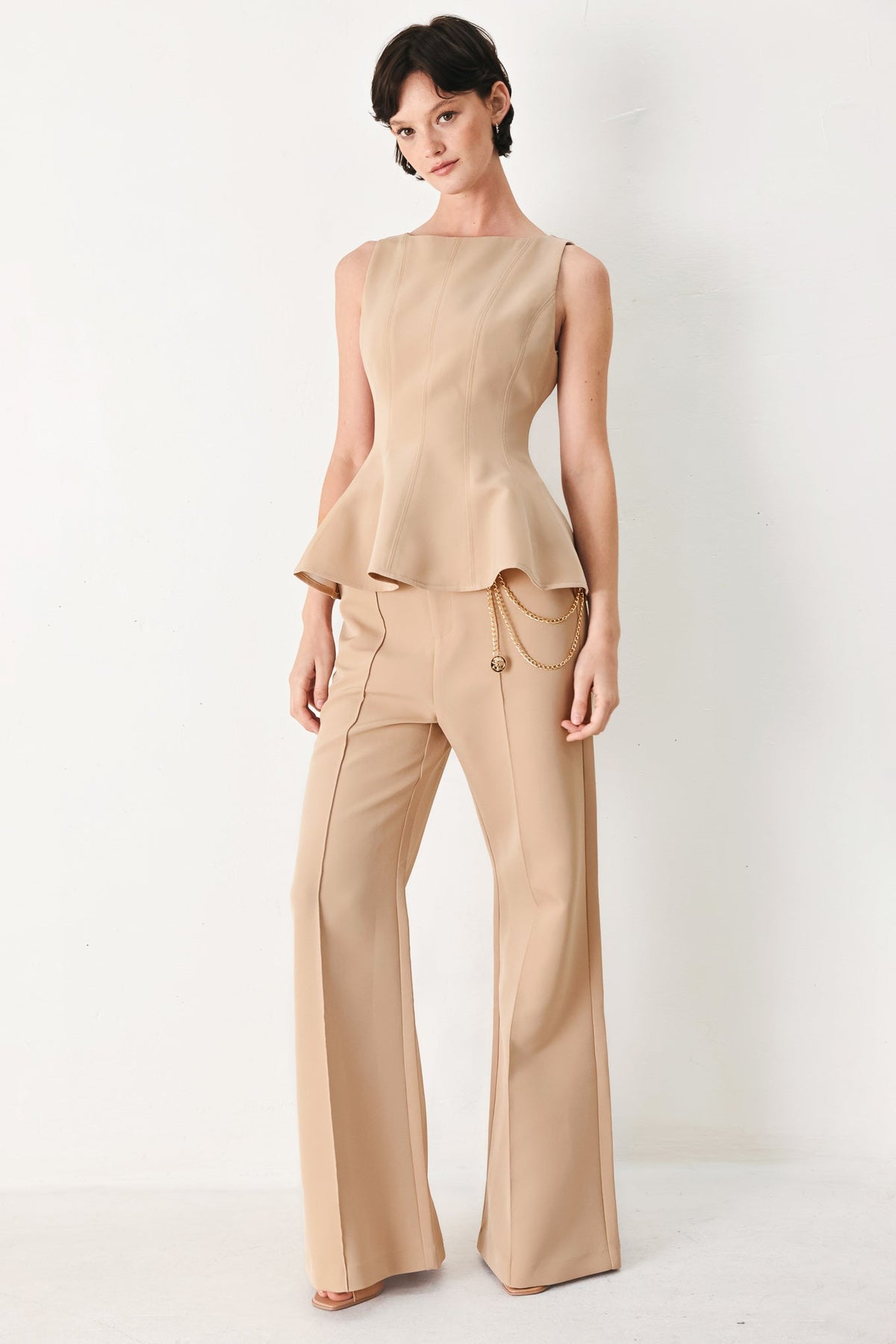 Flying Tomato Crystal Bay woven pants in camel color with a relaxed fit and textured fabric.