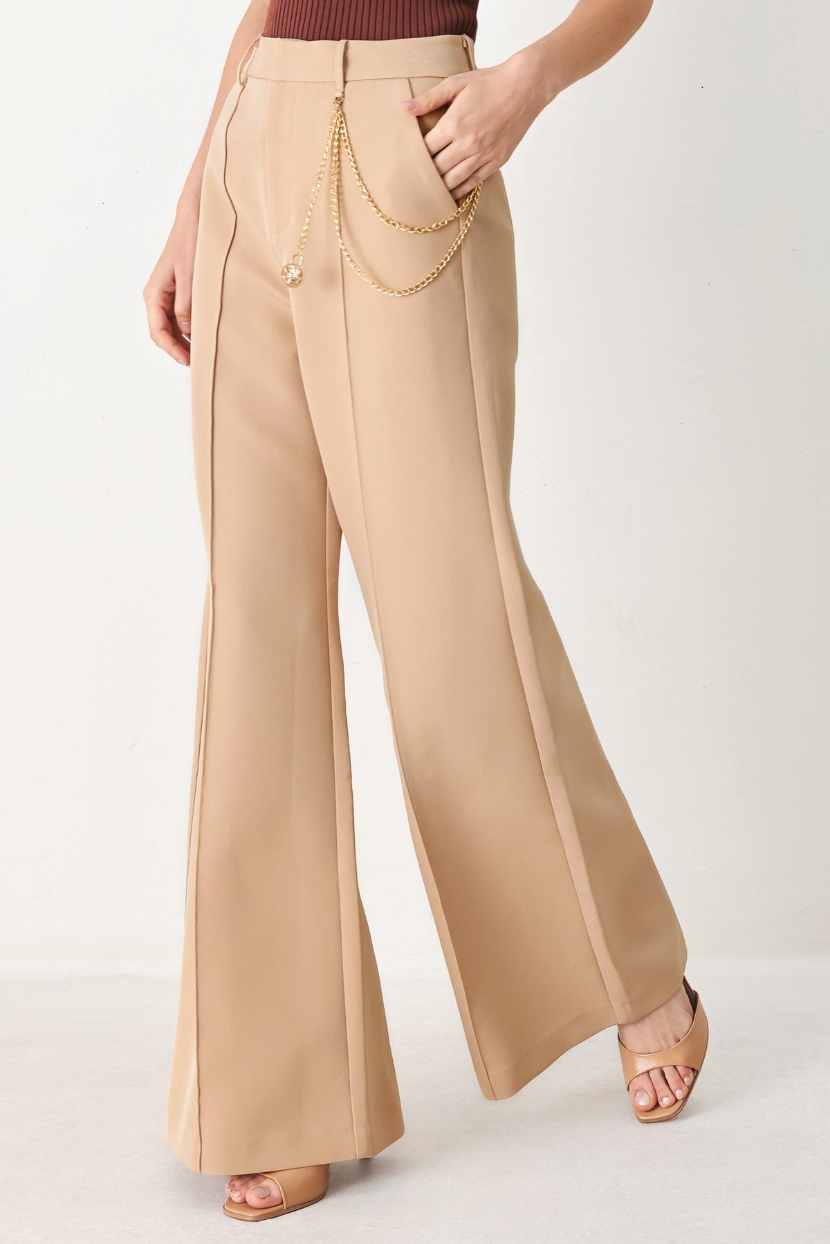 Flying Tomato Crystal Bay woven pants in camel color, featuring a relaxed fit and textured fabric detail.