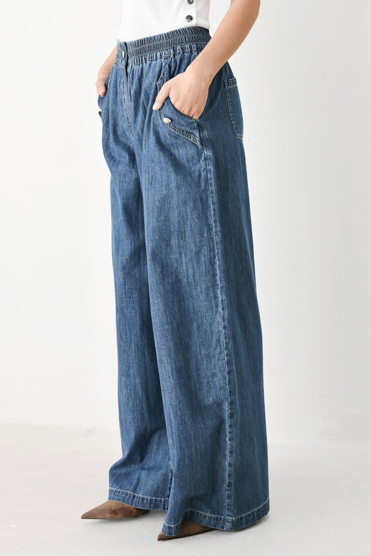 Flying Tomato Indigo Comfort Line denim pants shown in a classic blue denim with a relaxed fit and five-pocket design.