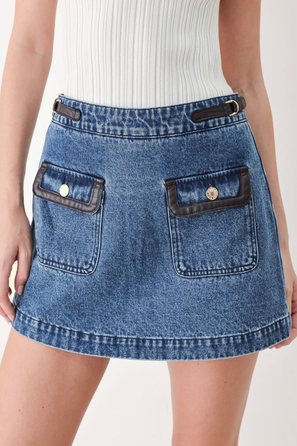 Flying Tomato vintage denim Rendezvous denim skort in brown, featuring a classic design with front pockets and a casual fit.