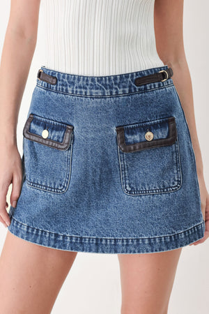 Flying Tomato vintage denim Rendezvous denim skort in brown, featuring a classic design with front pockets and a casual fit.