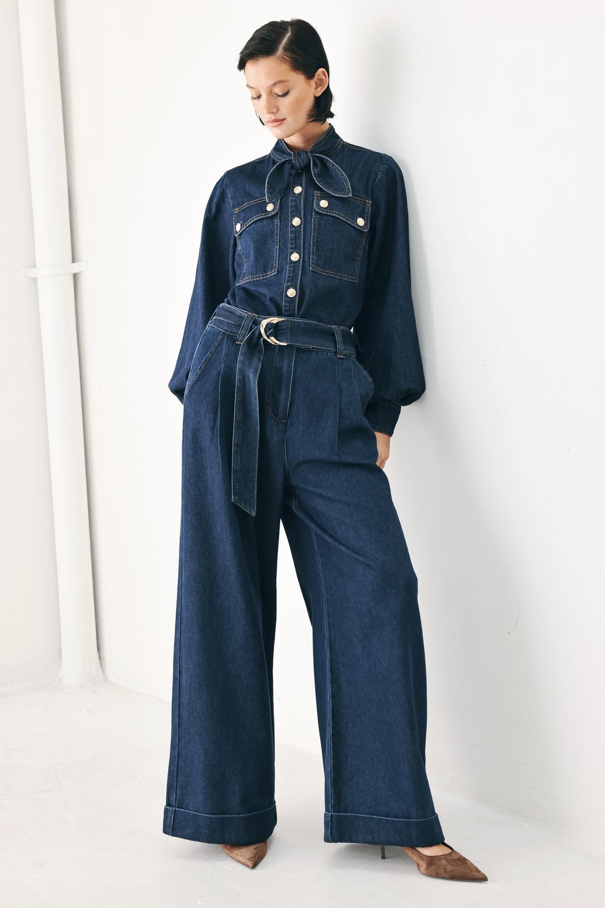 Deep indigo modern Muse denim pants by Flying Tomato, shown on a model with a slim fit and stylish design.