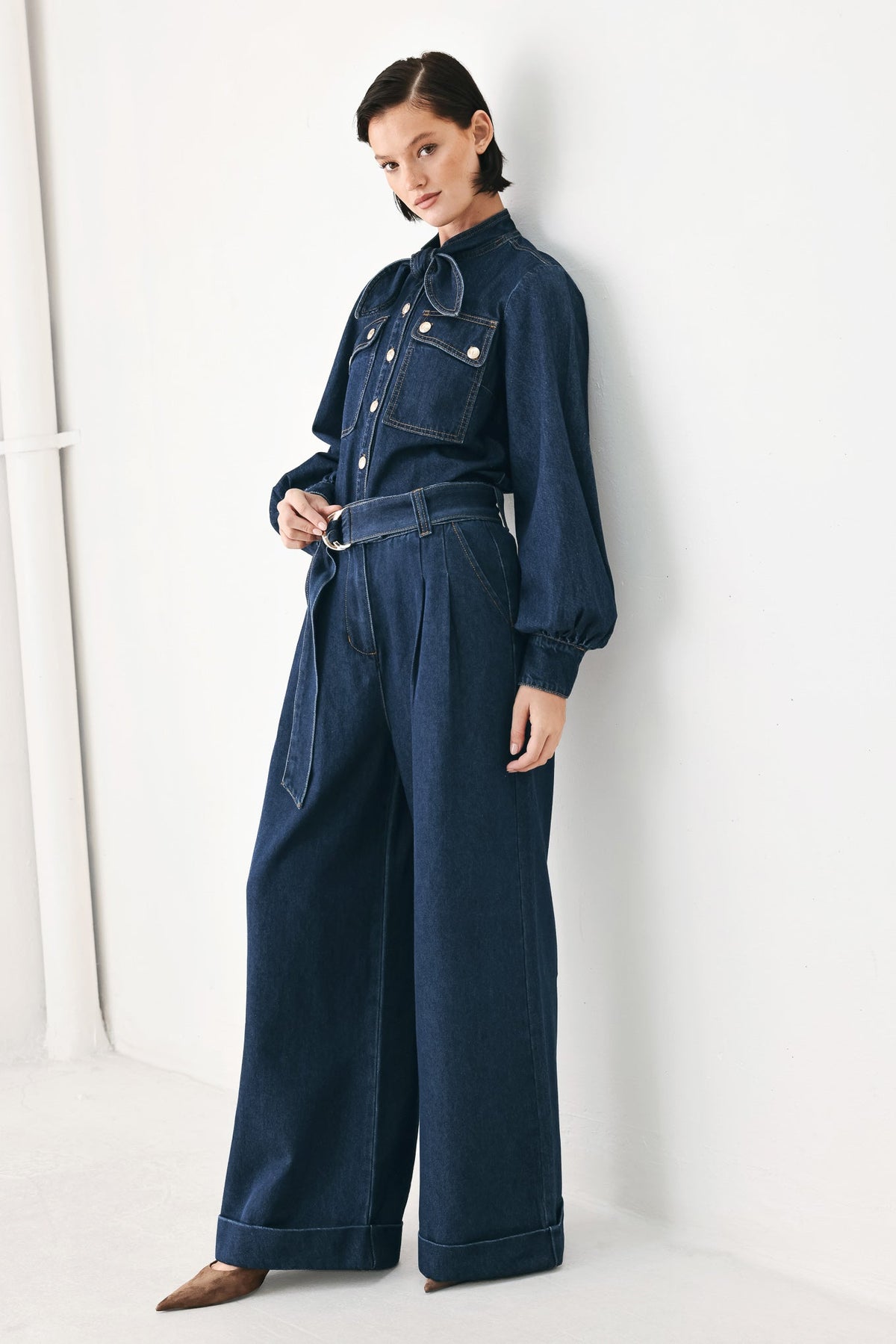 Deep indigo Flying Tomato Modern Muse denim pants with classic five-pocket design and straight-leg fit.