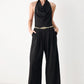 MIDNIGHT POISE BLACK HALTER BELTED WIDE-LEG JUMPSUIT