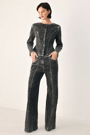 Black Flying Tomato Downtown Edge crossover denim pants with a stylish design and fitted silhouette.
