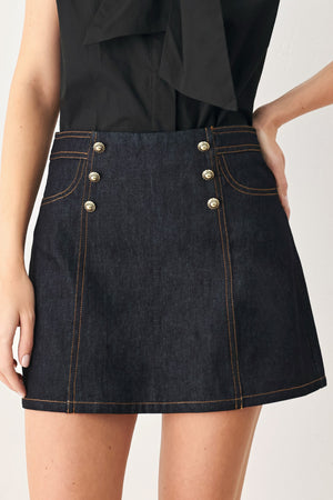 Flying Tomato modern denim skort in dark wash with front pockets and clean stitching, casual stylish summer wear.