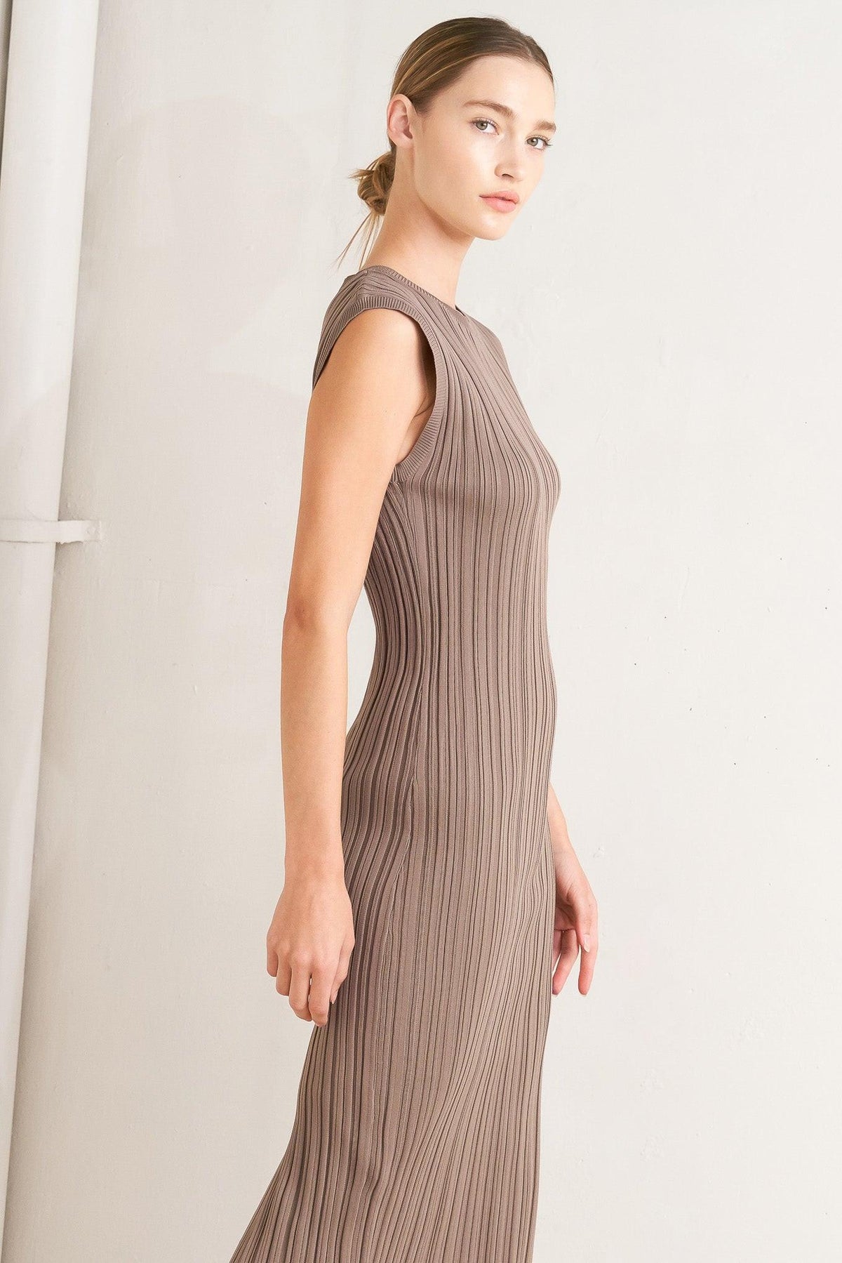 Flying Tomato Story of Us Sweater Midi Dress in brown, featuring a cozy knit sweater design with long sleeves and midi length.