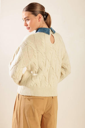 Cream-colored Flying Tomato Totally Smitten pullover sweater top with a cozy, relaxed fit and ribbed cuffs.