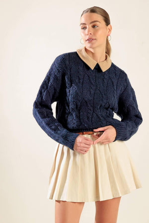 Navy and camel Flying Tomato Totally Smitten pullover sweater top with long sleeves and cozy knit fabric.