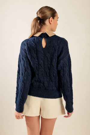Navy and camel Flying Tomato Totally Smitten pullover sweater top with cozy knit fabric and relaxed fit.