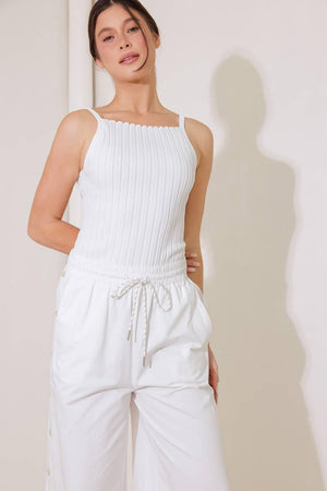White knit tank top from Flying Tomato's Bit of Sunshine sweater collection, featuring a cozy, lightweight sleeveless design.