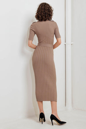 Flying Tomato structured chic sweater midi dress in mocha, shown on a hanger with a ribbed knit texture and long sleeves.