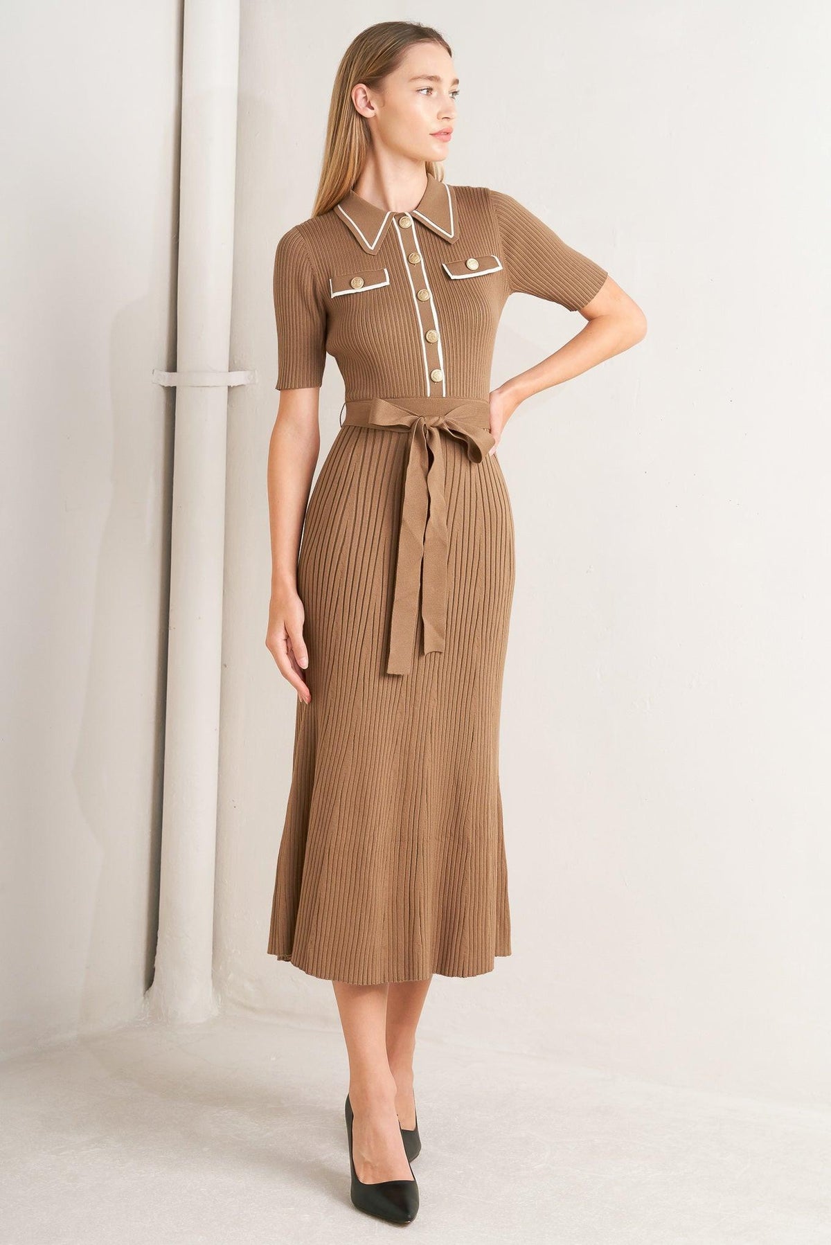 Flying Tomato Parisian-inspired knit sweater midi dress in camel-white, featuring a cozy, stylish sweater knit design.