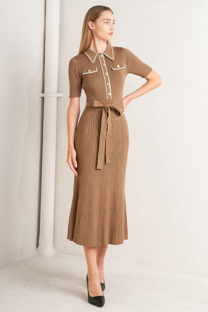 Flying Tomato Parisian-inspired knit sweater midi dress in camel-white, featuring a cozy, stylish sweater knit design.