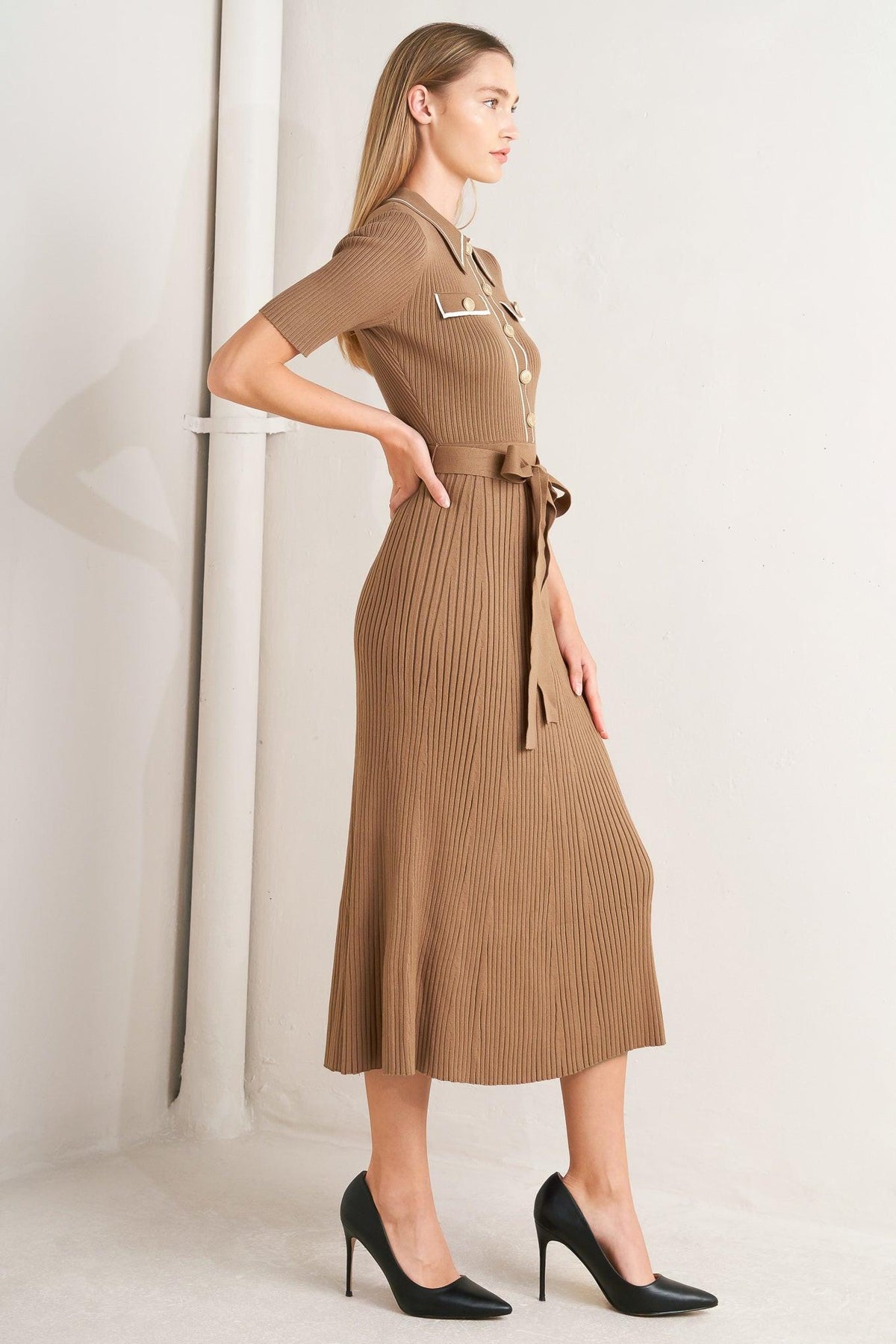 Flying Tomato Parisian inspired style sweater knit midi dress in camel and white, featuring a cozy, elegant knit design.