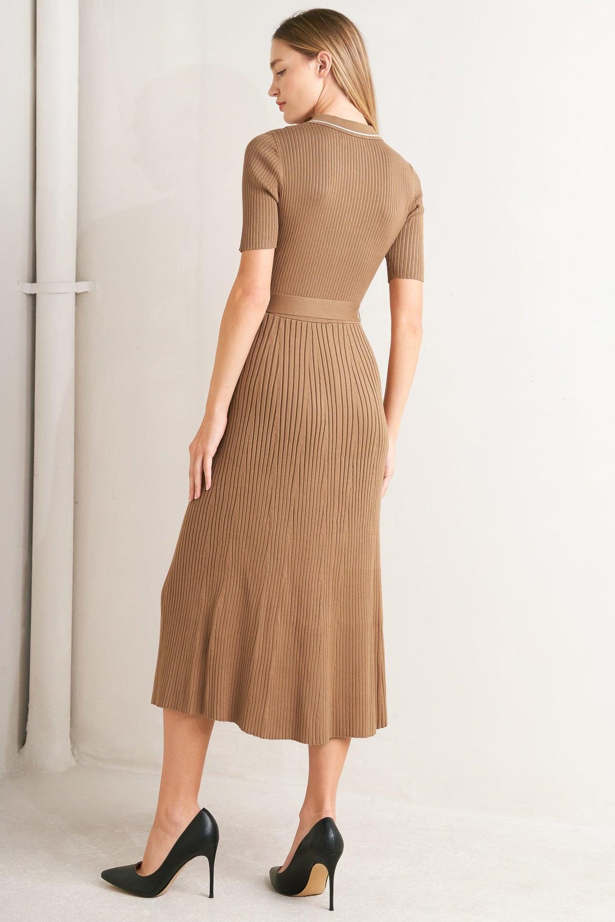 Flying Tomato Parisian-inspired knit midi sweater dress in camel white, featuring a cozy, stylish design perfect for casual wear.