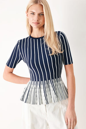 Navy and white striped summer sweater knit top by Flying Tomato, featuring a cozy, casual sweater design for warm weather.