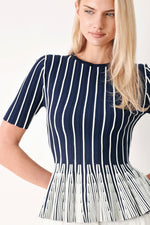 Navy and white striped Flying Tomato summer sweater knit top with long sleeves and a relaxed fit.