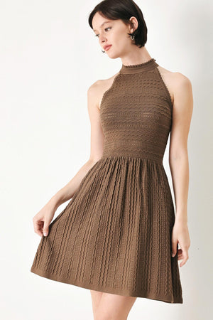 Brown Flying Tomato Sweet Latte sweater knit mini dress with long sleeves and cozy, textured fabric for a stylish casual look.