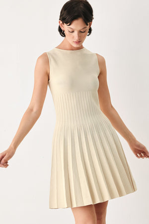 Flying Tomato Weekend Estate sweater knit mini dress in neutral tones, featuring a cozy, textured sweater pattern and a fitted silhouette.