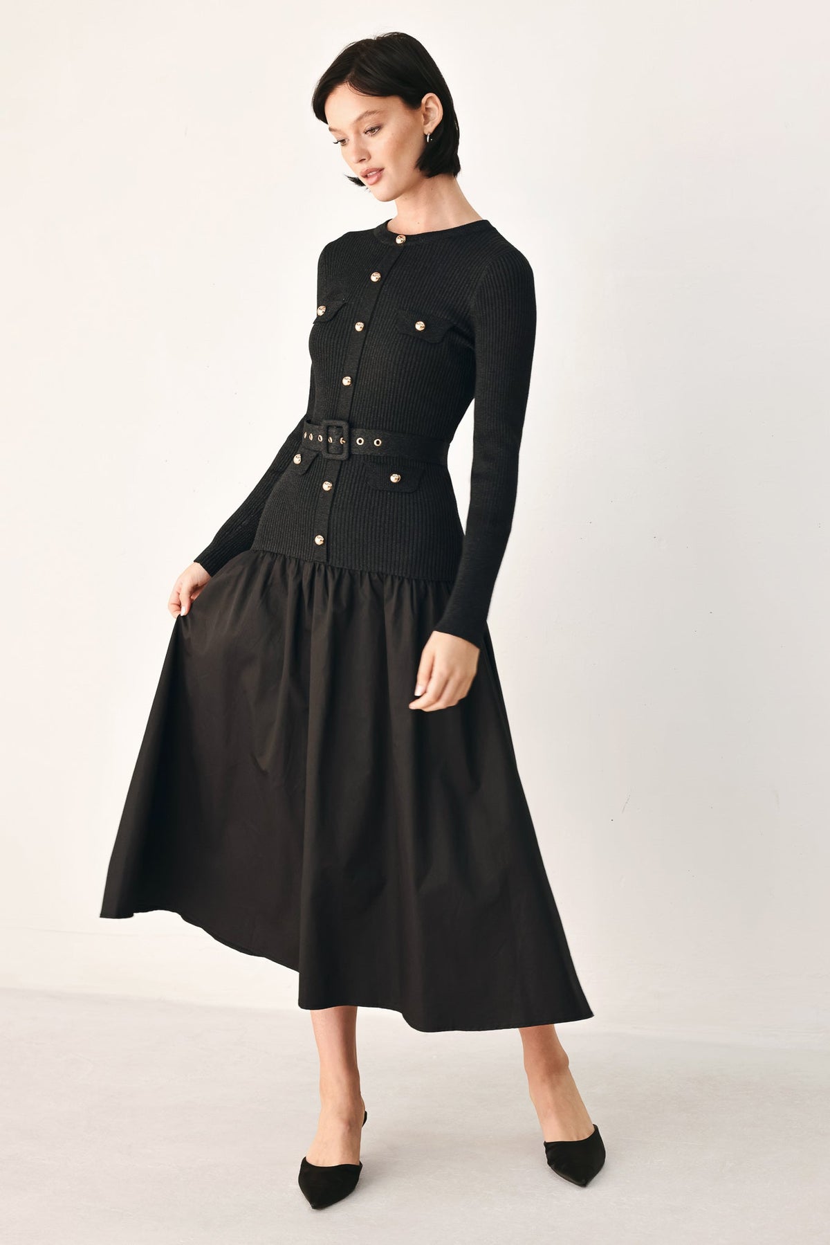 Flying Tomato City After Dark mixed media midi dress in black, featuring stylish design and midi length, perfect for evening wear.