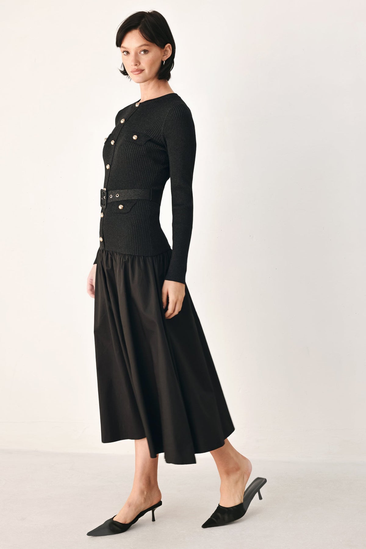 Black Flying Tomato City After Dark mixed media midi dress with long sleeves and stylish design, perfect for evening wear.