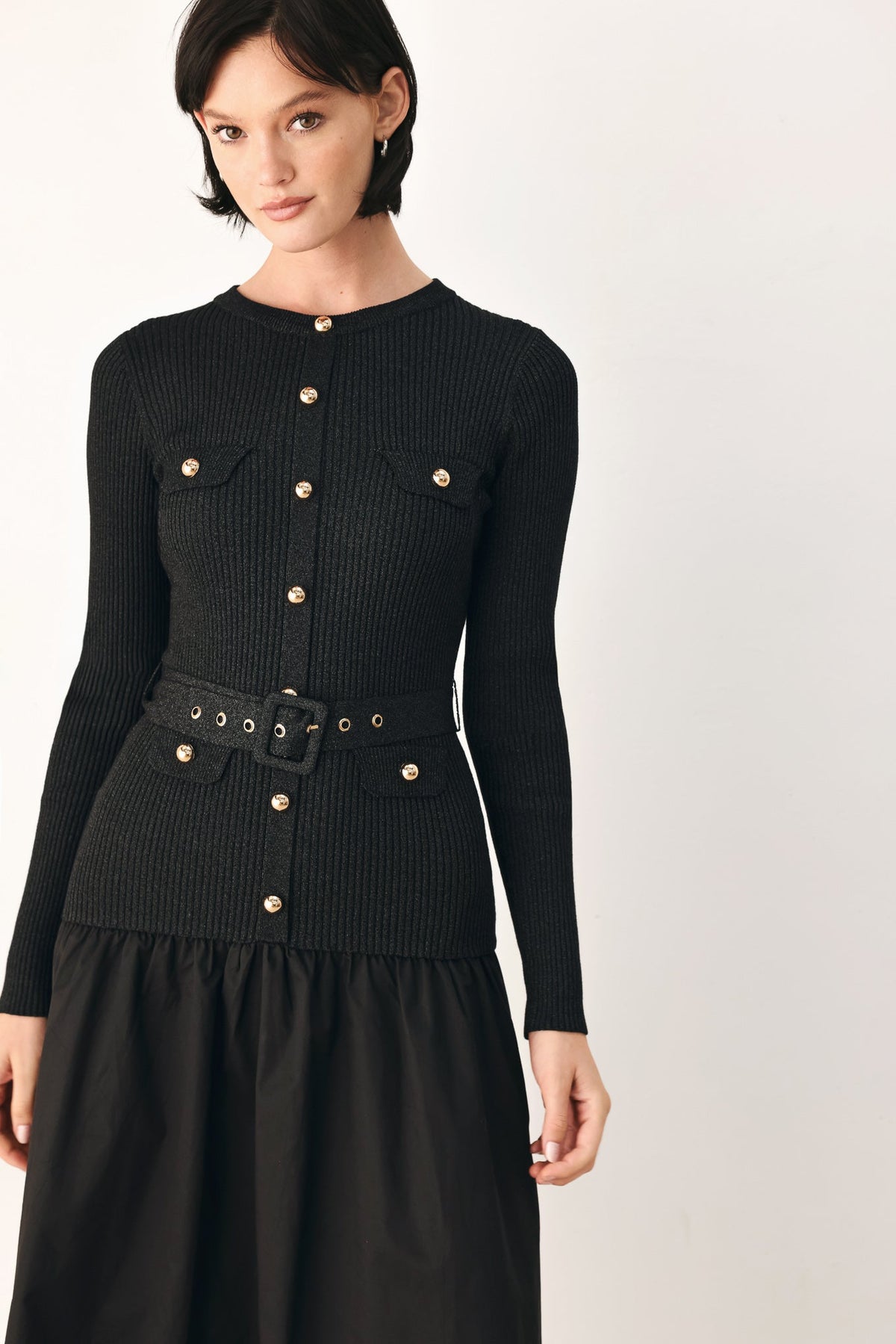 Flying Tomato City After Dark mixed media midi dress in black, stylish dress with layered fabric and intricate design details.