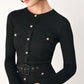 Black City After Dark mixed media midi dress by Flying Tomato, showcasing a stylish, flowing silhouette with intricate design details.