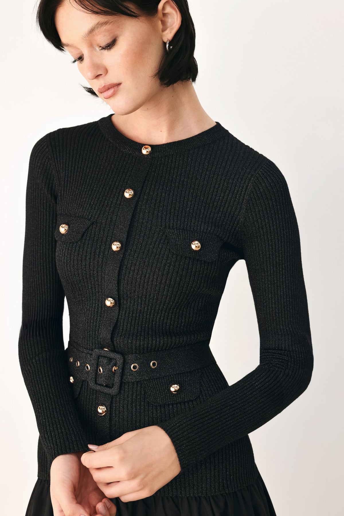 Black City After Dark mixed media midi dress by Flying Tomato, showcasing a stylish, flowing silhouette with intricate design details.