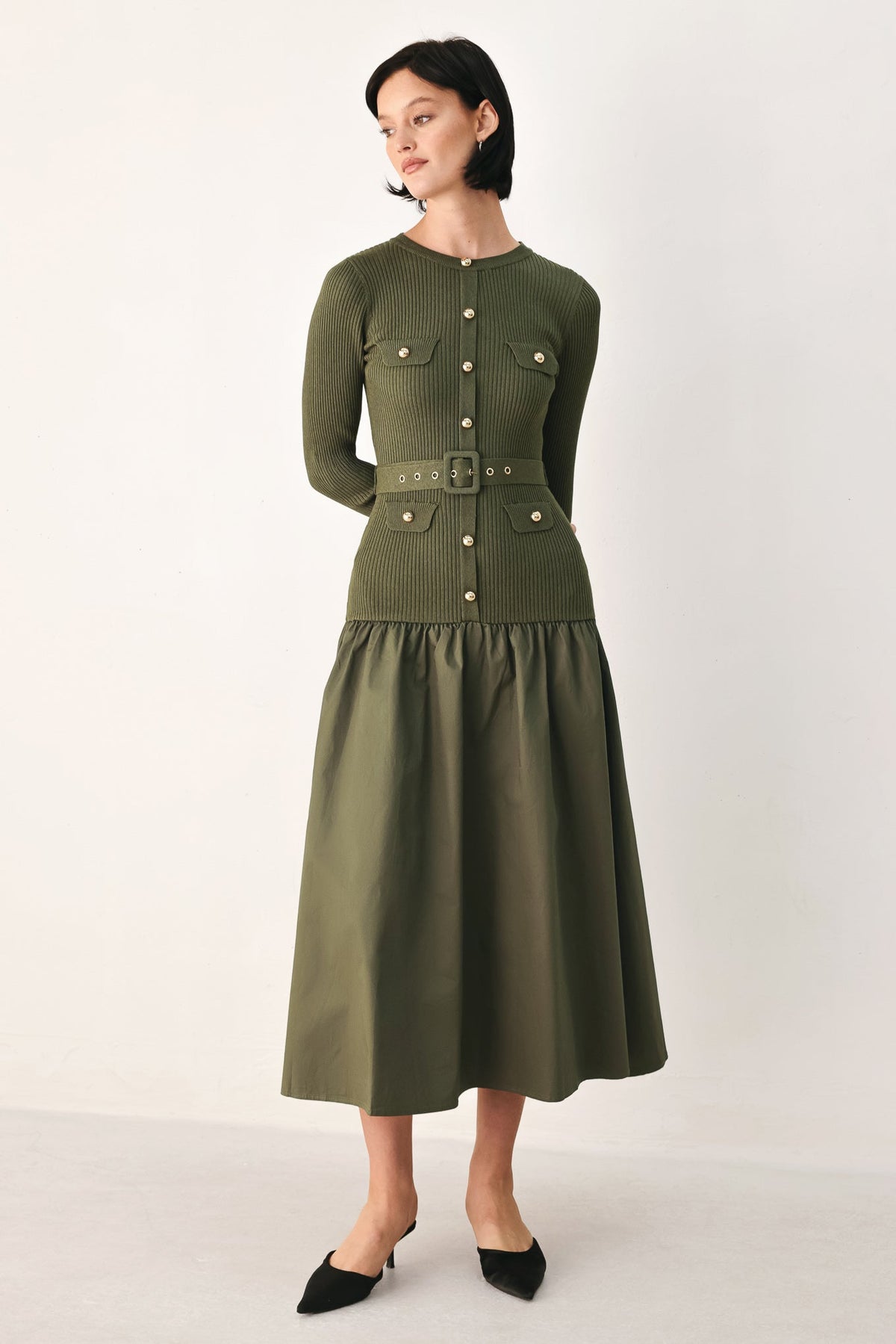 Flying Tomato City After Dark mixed media midi dress in olive, featuring a stylish, flowy design perfect for casual or dressy occasions.