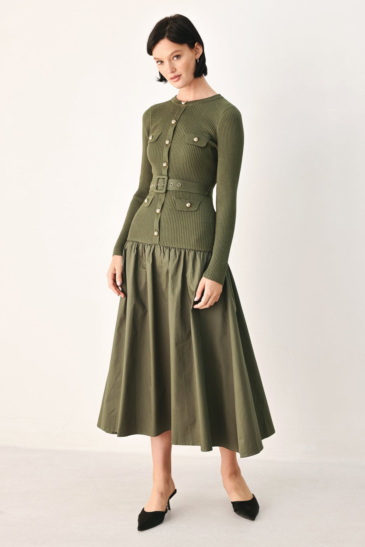 Olive green City After Dark mixed media midi dress by Flying Tomato, featuring layered fabric and stylish design.